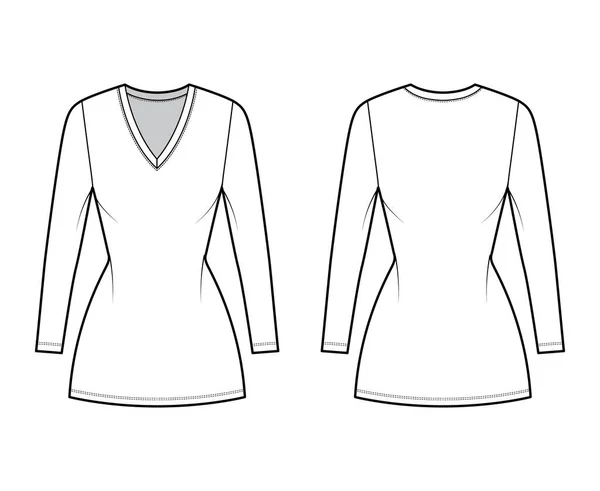 Футболка платье техническая мода иллюстрация с V-образным вырезом, длинные рукава, мини-длина, оснащенный корпус, полнота карандаша. Плоская квартира — стоковый вектор