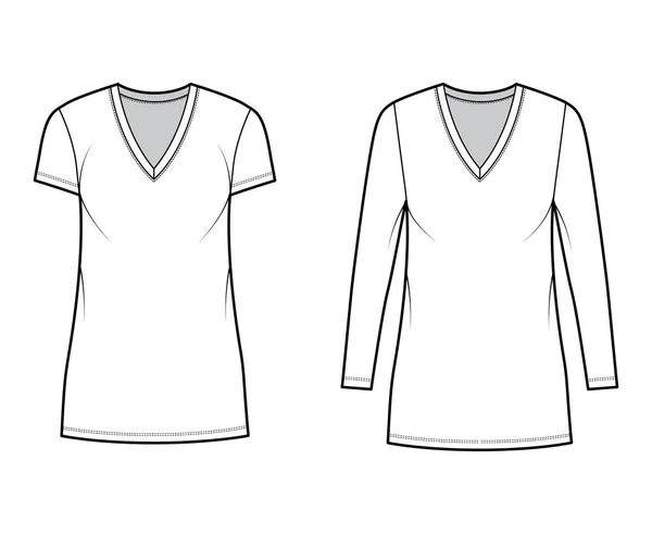 T-Shirt-Kleid technische Mode-Illustration mit V-Ausschnitt, lange, kurze Ärmel, Mini-Länge, übergroßer Körper, Bleistift voll — Stockvektor