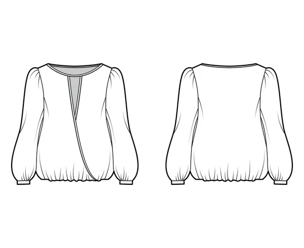 Surplice Bluse technische Mode Illustration mit Bouffant langen Ärmeln, gerafftem Saum, breitem Wickelausschnitt, Übergröße — Stockvektor