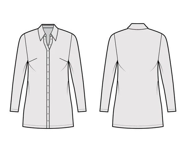 Vestido de camisa ilustración técnica de moda con cuello regular clásico, mini longitud, de gran tamaño, a lápiz completo, botón hasta — Archivo Imágenes Vectoriales