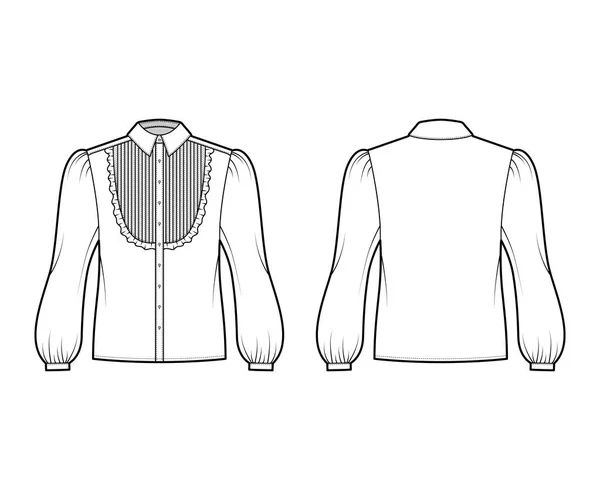 Блузка смокинг техническая мода иллюстрация с длинными рукавами буффант, классический воротник, pintucked нагрудник, негабаритные. Плоская квартира — стоковый вектор