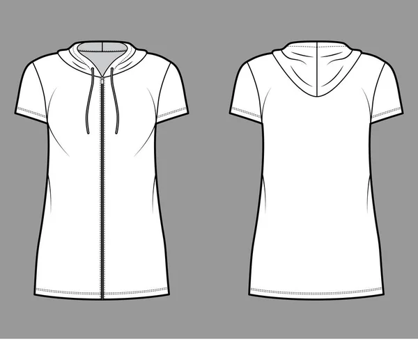 Hoodie zip-up vestido técnico de moda ilustração com mangas curtas, mini comprimento, corpo de grandes dimensões, plenitude Lápis. —  Vetores de Stock