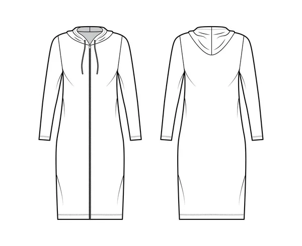 Hoodie zip-up платье техническая мода иллюстрация с длинными рукавами, длина колена, крупногабаритное тело, полнота карандаша. Плоская квартира — стоковый вектор