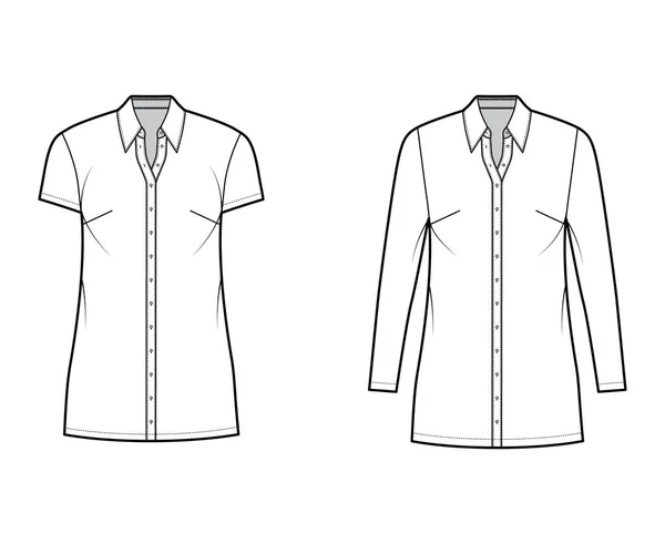 Tričko šaty technické módní ilustrace s klasickým pravidelným límečkem, mini délka, nadrozměrné tělo, tlačítko nahoru. Flat — Stockový vektor