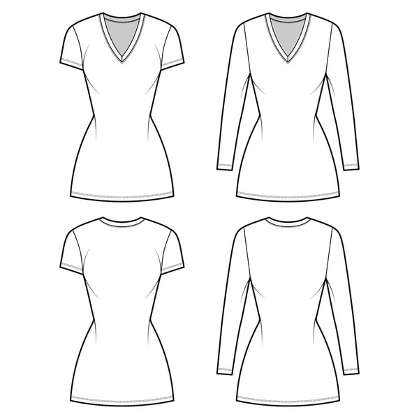 Camiseta vestido técnica moda ilustración con cuello en V, manga larga, manga corta, mini longitud, cuerpo ajustado, plenitud de lápiz — Archivo Imágenes Vectoriales