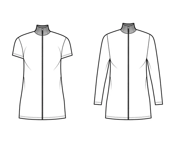 Ζιβάγκο zip-up φόρεμα τεχνική απεικόνιση μόδας με μακριά, κοντά μανίκια, μίνι μήκος, υπερμεγέθης σώμα, Μολύβι — Διανυσματικό Αρχείο