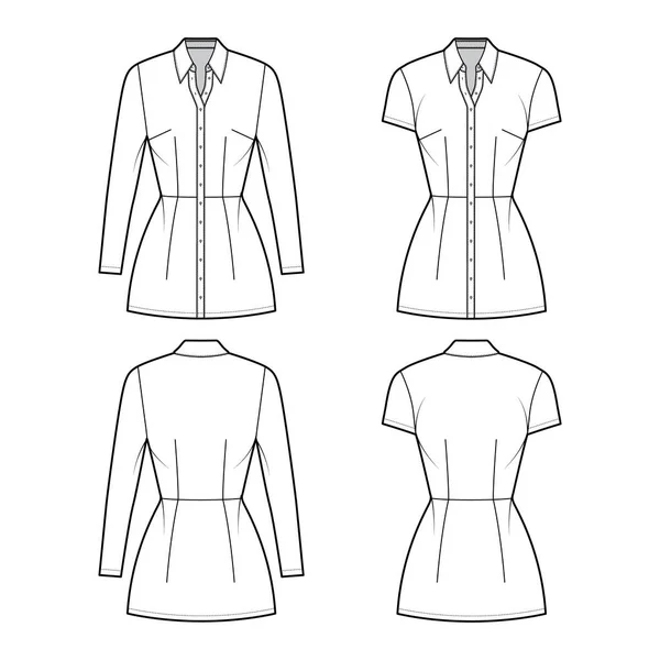 Camisa vestido técnico de moda ilustração com colarinho regular clássico, mini comprimento, oversized, corpo equipado, botão para cima. —  Vetores de Stock