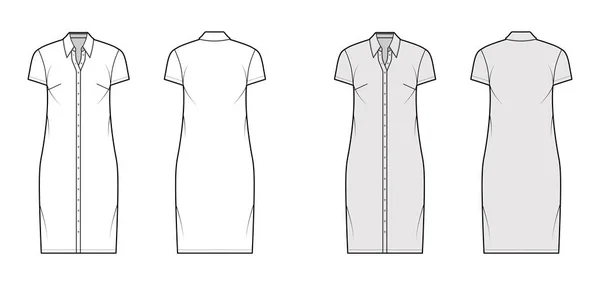 Camicia abito tecnico illustrazione di moda con colletto classico regolare, lunghezza del ginocchio, oversize, maniche corte, button up — Vettoriale Stock