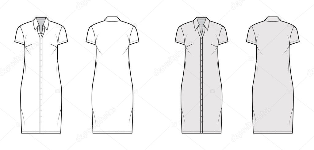 Shirt dress technical fashion illustration with classic regular collar, knee length, oversized, short sleeves, button up