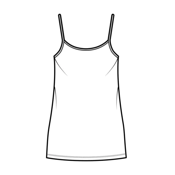 Camisole vestido técnico moda ilustração com colher pescoço, tiras, mini comprimento, corpo de grandes dimensões, Plenitude lápis. —  Vetores de Stock