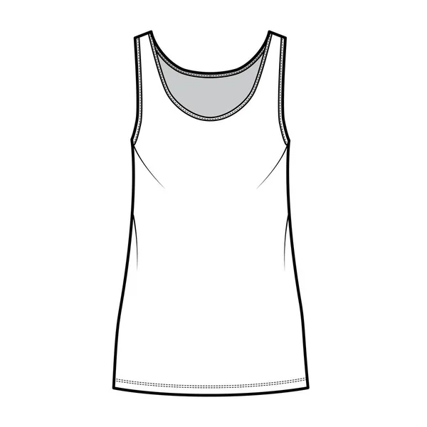 Tank dress technical fashion illustration with scoop neck, straps, mini length, oversized body, Pencil fullness. Flat — Stock Vector