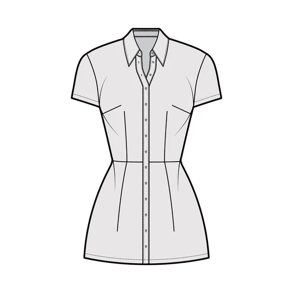 Vestido de camisa ilustración técnica de moda con cuello clásico, mini longitud, cuerpo ajustado, plenitud de lápiz, botón hacia arriba. — Vector de stock