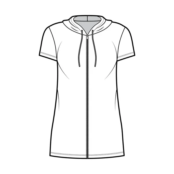 Hoodie zip-up vestido técnico de moda ilustração com mangas curtas, mini comprimento, corpo de grandes dimensões, plenitude Lápis. — Vetor de Stock