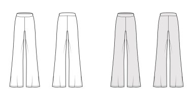 Pantolon botu, yer uzunluğu, geniş siluet ve yan fermuarlı teknik moda çizimi. Düz spor pijaması