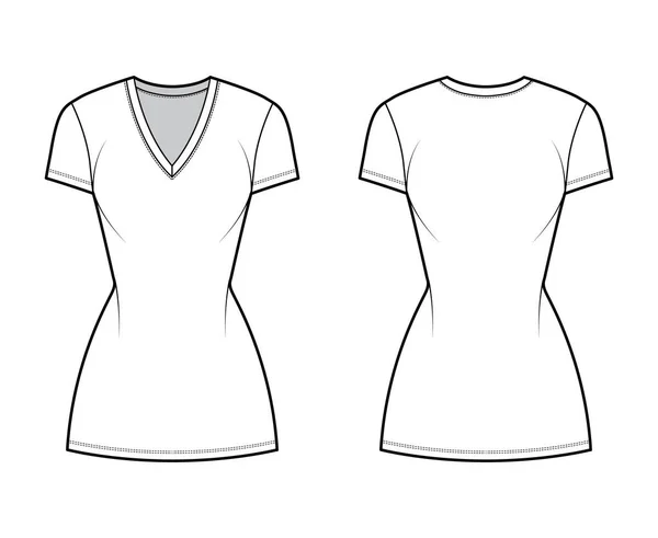 T-shirt vestido técnico de moda ilustração com decote em V, mangas curtas, mini comprimento, corpo equipado, plenitude Lápis. Plano — Vetor de Stock
