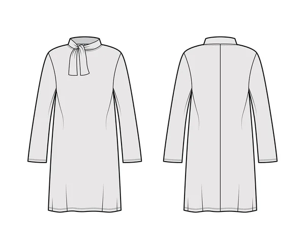 Maglia tunica tecnica illustrazione di moda con cravatta colletto stand-away, maniche lunghe, oversize, ginocchio modesto — Vettoriale Stock