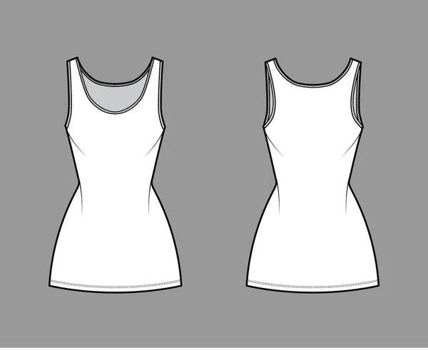Tank dress technical fashion illustration with scoop neck, straps, mini length, fitted body, Pencil fullness. Flat — Stock Vector