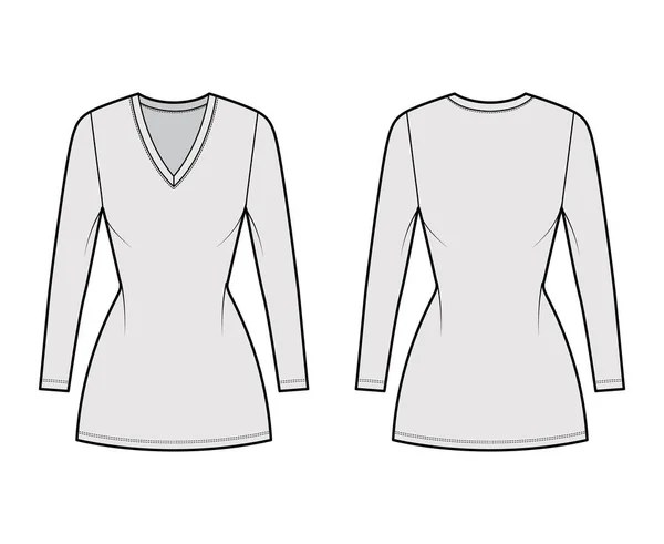 Camiseta de vestir ilustración técnica de moda con cuello en V, mangas largas, mini longitud, cuerpo ajustado, plenitud de lápiz. Plano — Vector de stock