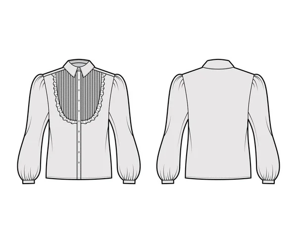 Блузка смокинг техническая мода иллюстрация с длинными рукавами буффант, классический воротник, pintucked нагрудник, негабаритные. Плоская квартира — стоковый вектор