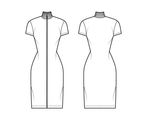 Vestido de cuello alto con cremallera ilustración técnica de moda con mangas cortas, longitud de rodilla, cuerpo ajustado, plenitud de lápiz. — Vector de stock