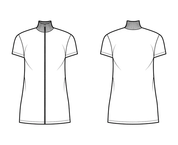 Vestido de cuello alto con cremallera ilustración técnica de moda con mangas cortas, mini longitud, cuerpo de gran tamaño, plenitud de lápiz. — Vector de stock