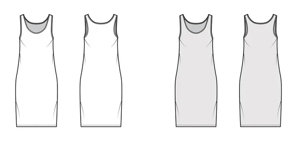 Tank jurk technische mode illustratie met primeur nek, riemen, knie lengte, oversized lichaam, Potlood volheid. Vlak — Stockvector