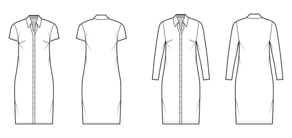 Camisa vestido técnico de moda ilustração com colar regular clássico, comprimento do joelho, corpo de grandes dimensões, plenitude Lápis — Vetor de Stock