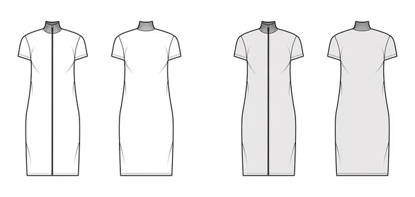 Turtleneck zip-up dress technical fashion illustration with short sleeves, knee length, oversized body, Pencil fullness — Stock Vector