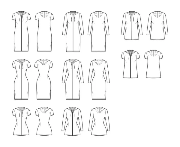 Mikina zip-up šaty technické módní ilustrace s dlouhými, krátkými rukávy, koleno, mini délka, nadrozměrné, montované tělo. — Stockový vektor