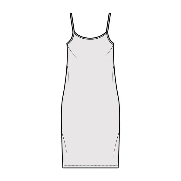 Camisole vestido técnica moda ilustración con cuello redondo, correas, longitud de rodilla, cuerpo de gran tamaño, plenitud de lápiz. — Vector de stock