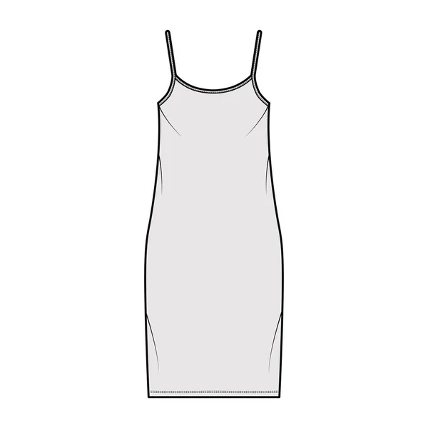 Camisole jurk technische mode illustratie met primeur nek, riemen, knie lengte, oversized lichaam, Potlood volheid. — Stockvector