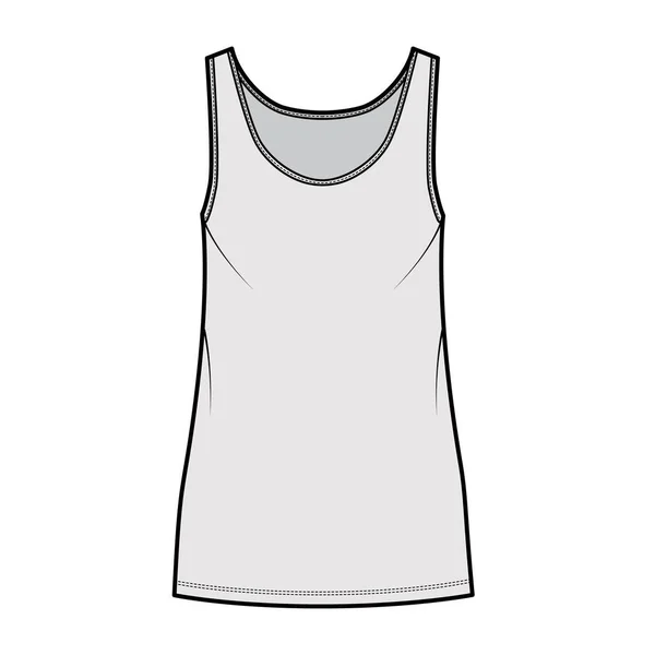 Tank dress technical fashion illustration with scoop neck, straps, mini length, oversized body, Pencil fullness. Flat — Stock Vector