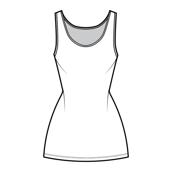 Tanque vestido técnico de moda ilustração com colher pescoço, tiras, mini comprimento, corpo equipado, Plenitude lápis. Plano —  Vetores de Stock
