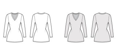 T-shirt, V yakalı, uzun kollu, kısa kollu, vücuduna uygun, dolgunluklu teknik moda illüstrasyonu. Düz