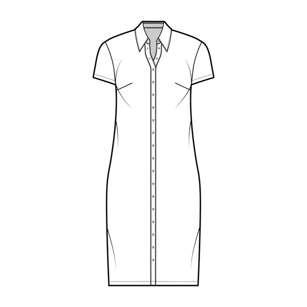 Vestido de camisa ilustración técnica de moda con cuello clásico regular, longitud de rodilla, de gran tamaño, mangas cortas, botón hacia arriba — Vector de stock