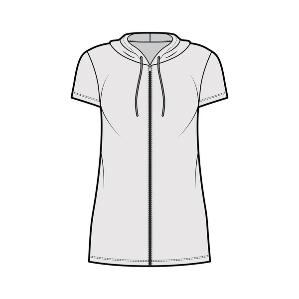 Hoodie zip-up vestido técnico de moda ilustração com mangas curtas, mini comprimento, corpo de grandes dimensões, plenitude Lápis. —  Vetores de Stock