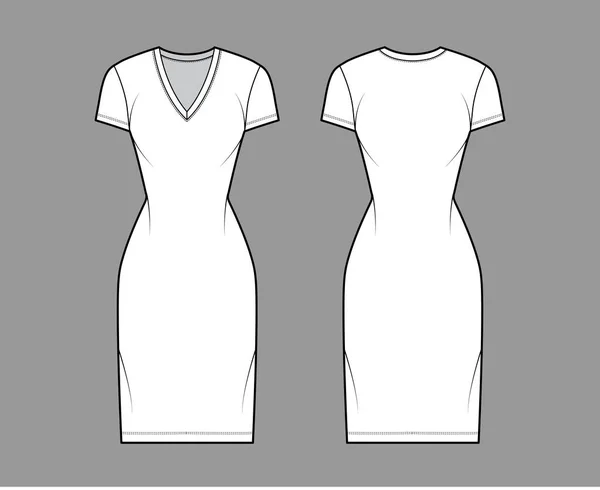 T-shirt sukienka techniczna moda Ilustracja z V-neck, krótkie rękawy, długość kolana, dopasowany korpus, Ołówek pełnia. Mieszkanie — Wektor stockowy