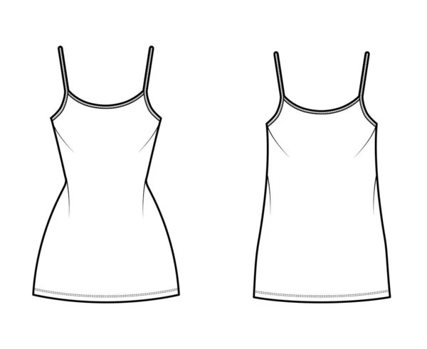 Camisole vestido técnica moda ilustración con cuello redondo, correas, mini longitud, de gran tamaño, cuerpo ajustado, lápiz completo — Archivo Imágenes Vectoriales