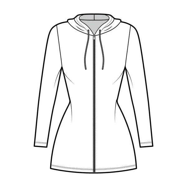 Bluza z kapturem zip-up Ilustracja moda techniczna z długimi rękawami, mini długość, dopasowany korpus, Pełnia ołówka. Mieszkanie — Wektor stockowy