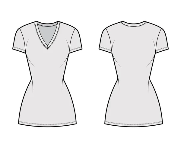 T-shirt vestido técnico de moda ilustração com decote em V, mangas curtas, mini comprimento, corpo equipado, plenitude Lápis. Plano — Vetor de Stock