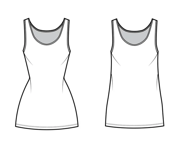 Танкова сукня технічної моди ілюстрація з шиєю совок, ремінцями, мініатюрною довжиною, негабаритним, приталеним тілом, повнота олівця . — стоковий вектор
