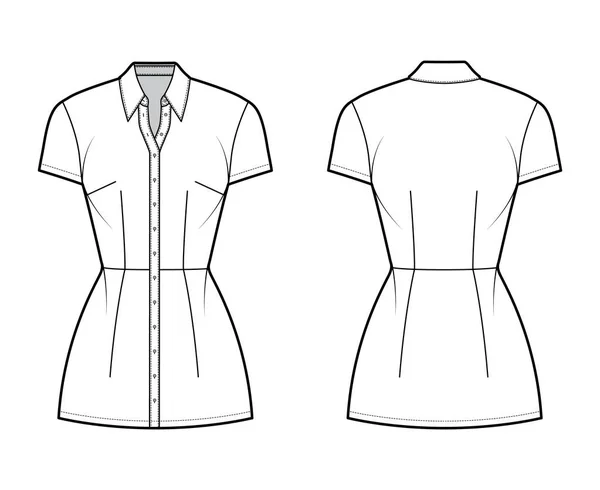 Chemise robe illustration de mode technique avec col classique, mini longueur, corps ajusté, plénitude crayon, boutonnage. — Image vectorielle