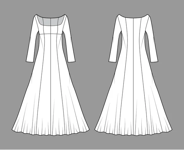 Šaty večerní technické módní ilustrace s lopatkovým krkem, maxi délka podlahy, montované tělo, kruhová plnost — Stockový vektor