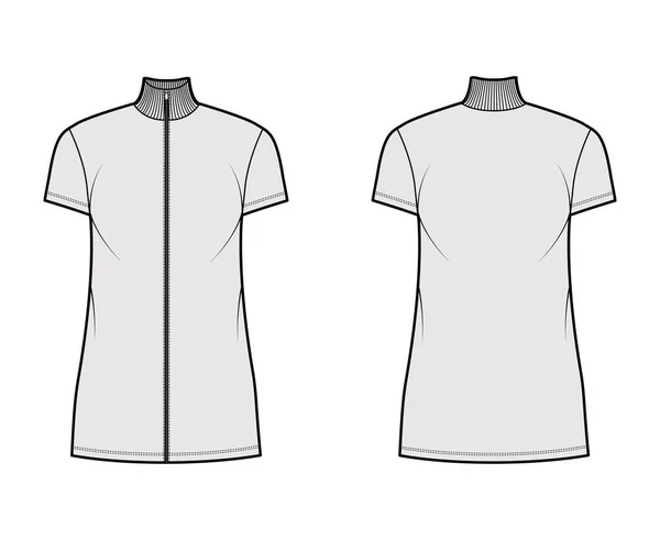 Zip-up šaty technické módní ilustrace s krátkými rukávy, mini délka, nadrozměrné tělo, plnost tužky. — Stockový vektor