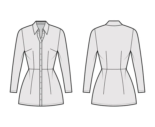 Сукня-сорочка технічна модна ілюстрація зі звичайним коміром, міні-довжина, пристосоване тіло, повнота олівця, кнопка вгору — стоковий вектор