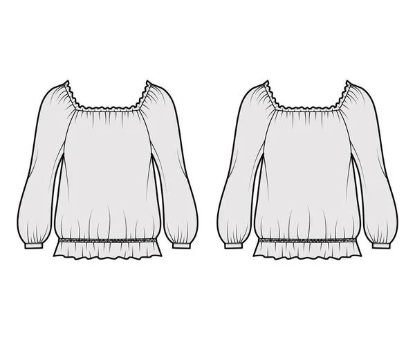 Bauernbluse technische Mode Illustration mit Bouffant langen Ärmeln, gerafft breite Schaufel und Saum, übergroß. — Stockvektor