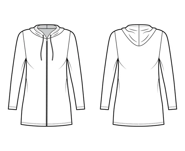 Bluza z kapturem zip-up Ilustracja moda techniczna z długimi rękawami, mini długość, nadmiar ciała, Ołówek pełnia. Mieszkanie — Wektor stockowy