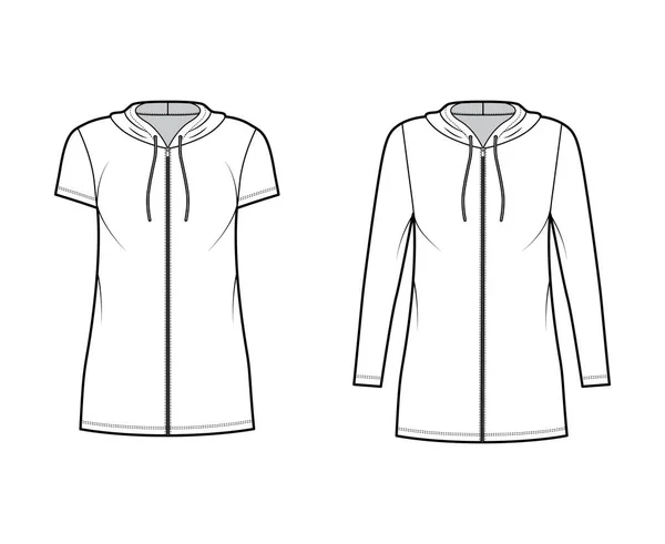Hoodie zip-up φόρεμα τεχνική εικόνα μόδας με μακριά, κοντά μανίκια, μίνι μήκος, υπερμεγέθης σώμα, Μολύβι πληρότητα — Διανυσματικό Αρχείο