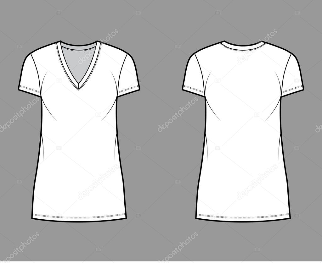 T-shirt dress technical fashion illustration with V-neck, short sleeves, mini length, oversized body, Pencil fullness.