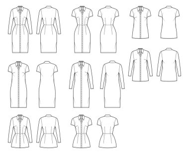 Shirt dress technical fashion illustration with classic regular collar, knee, mini length, oversized, fitted body clipart